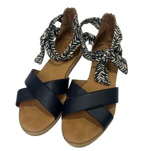 UGG Idina Navy Blue Espadrille Sandal Striped Ankle Tie Zip Cork Heel Size 8.5